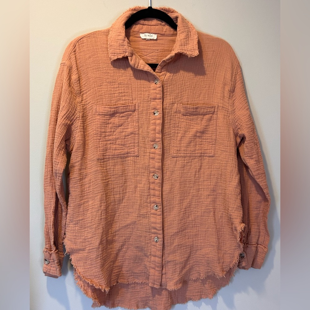 Women's Long Sleeve Raw Hem 100% Cotton Button Down Shirt Medium Boho Natural